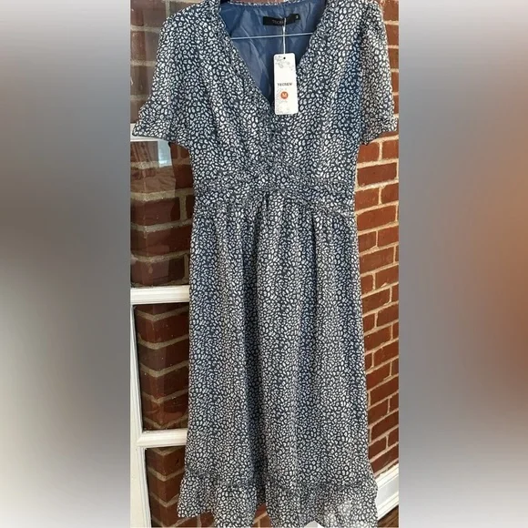 TECREW Womens Summer Boho Floral V Neck Ruffle Short Sleeve Midi Dress F… - Picture 3 of 6